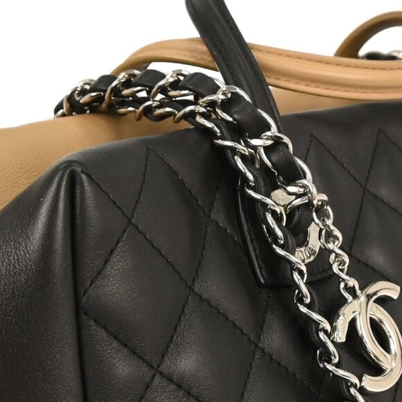Chanel Black Beige Calfskin Featherweight Bowling Bag - Picture 4 of 10